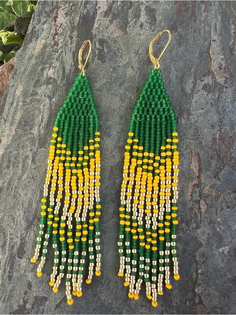 Green and Yellow Beaded Fringe Earrings with Gold Hooks